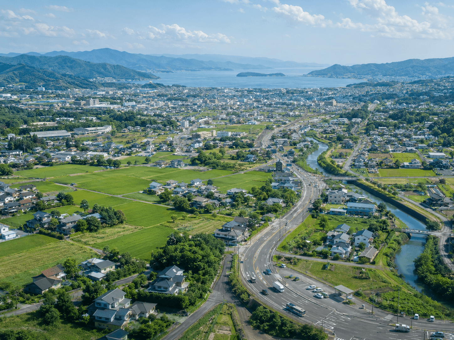 道路と河川、山に囲まれた日本の地方都市の空撮