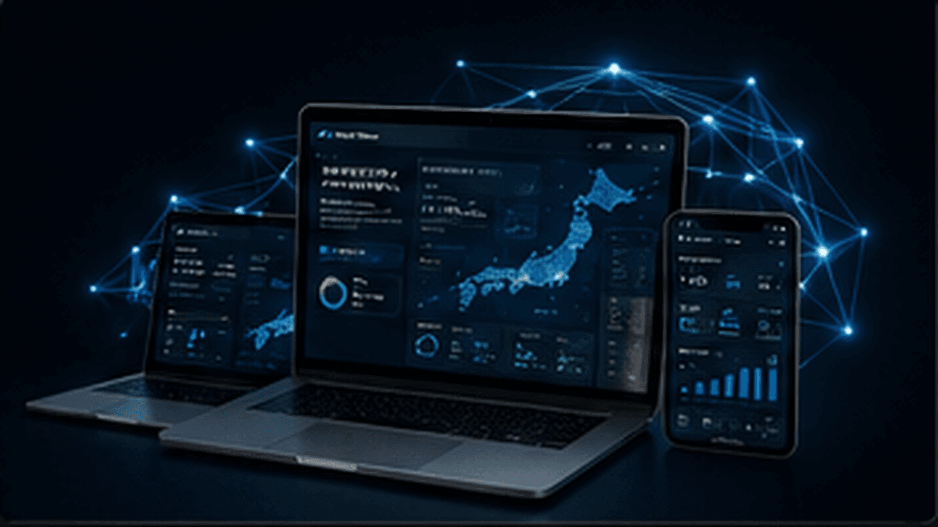 ノートPC・タブレット・スマートフォンに表示されたモビリティ分析ダッシュボード